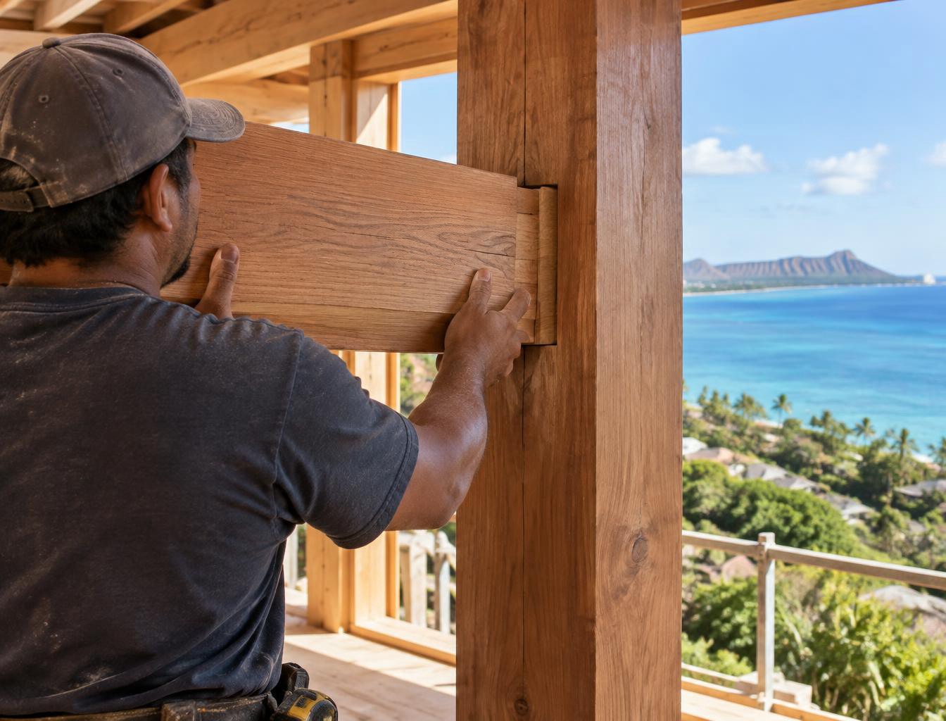 Illustrative scene of a builder fitting a timber-frame joint with Diamond Head in the distance