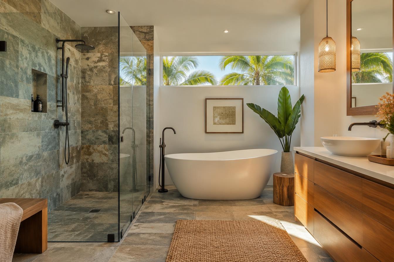 Illustrative view of a renovated bathroom with stone tile and a freestanding tub