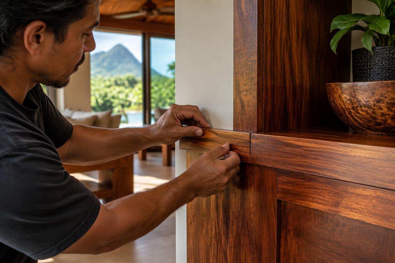 Illustrative close-up of a builder fitting custom wood trim inside a warm home