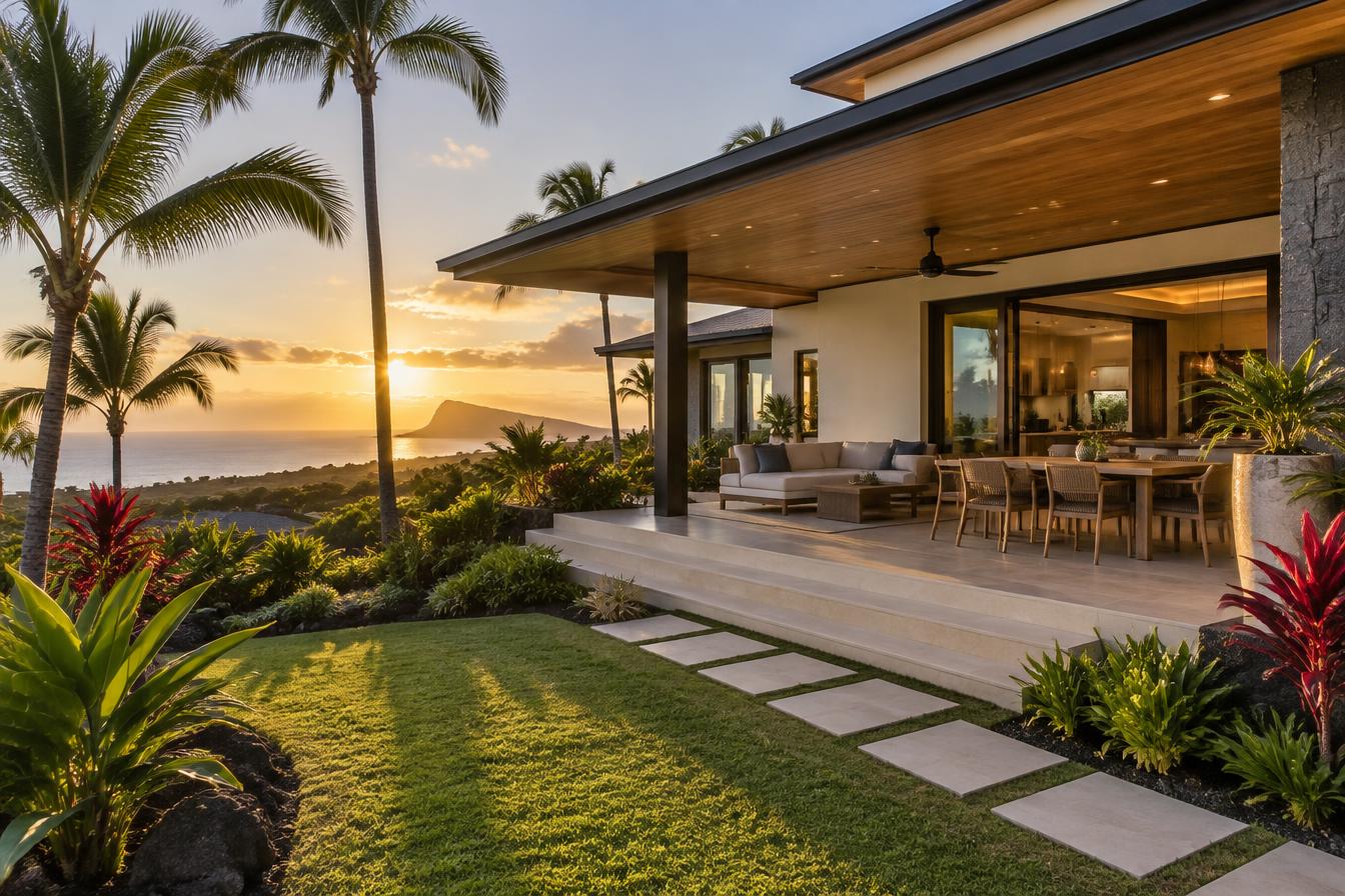 Illustrative view of a newly built contemporary Hawaiian home with a covered lanai at golden hour