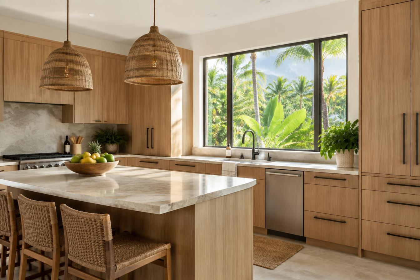Illustrative view of a remodeled kitchen with white oak cabinetry and tropical views