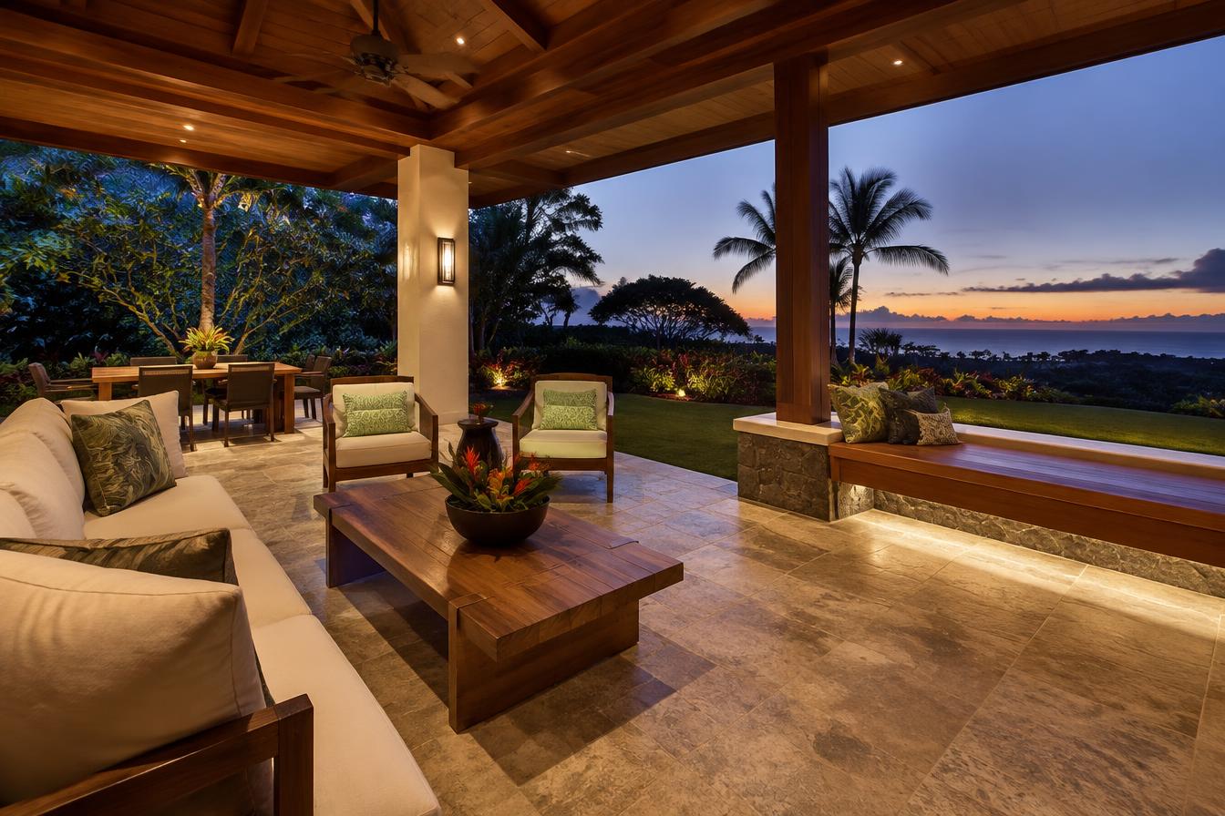 Illustrative view of a covered lanai outdoor living space at dusk